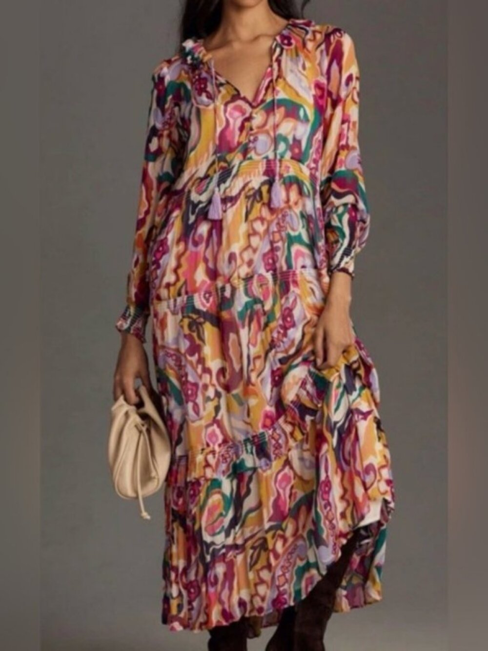 Anthropologie Marais Printed Chiffon Maxi Dress Pink Multicolor Ruffle M